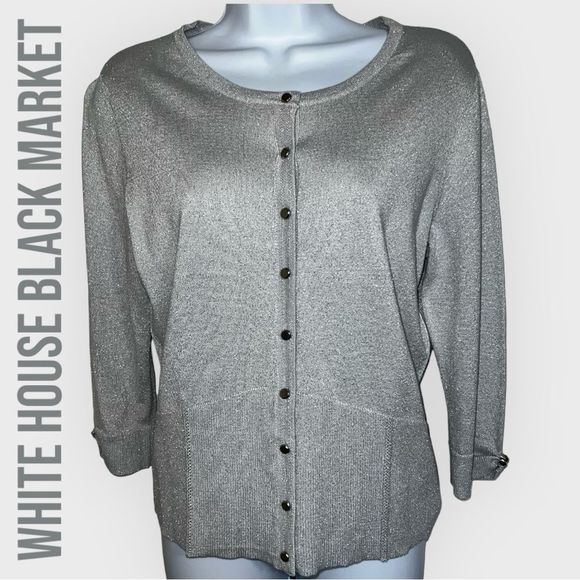 White House Black Market Sweaters - White House Black Market Feather Gray Iridescent Dome Snap Cardigan NWT $78 M